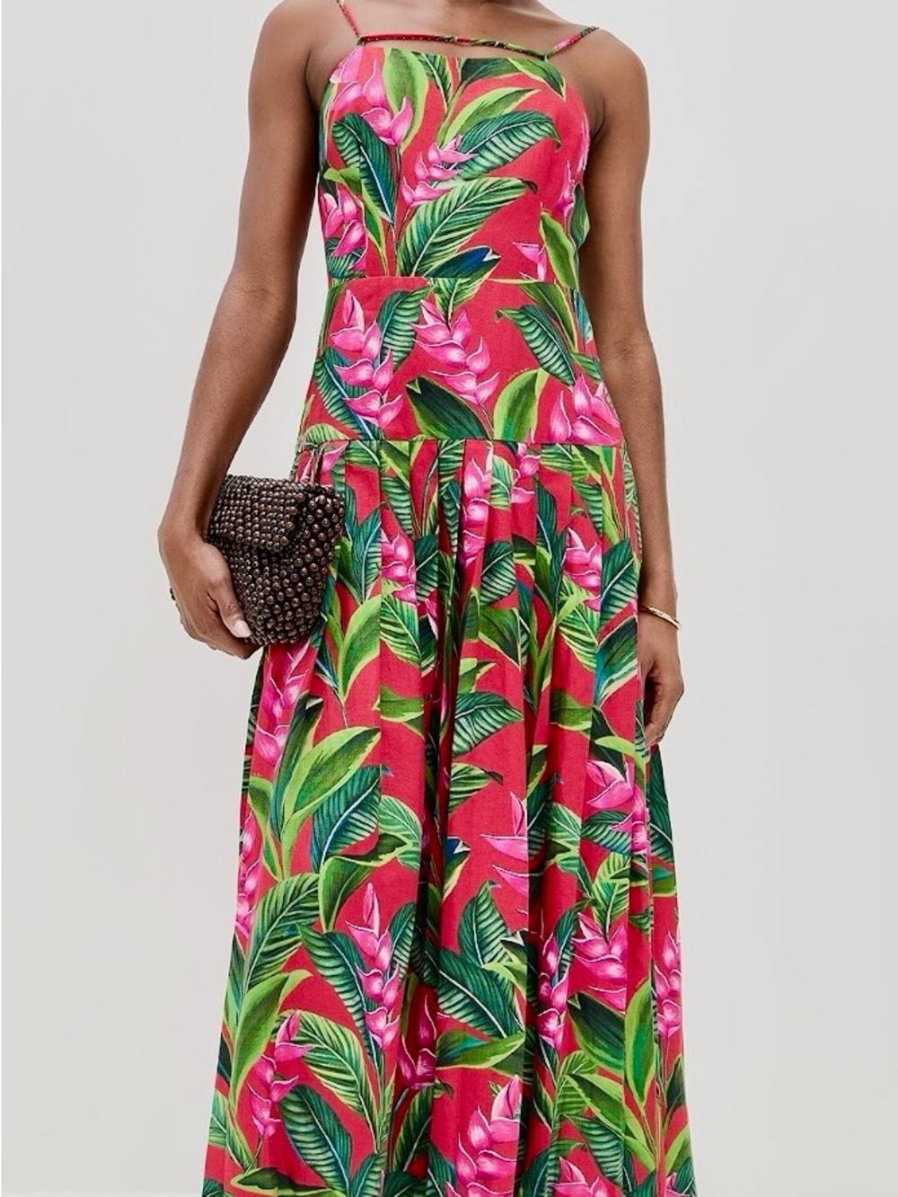 FARM Rio Pink Tropical Midi Dress with Green Leaf Print XL NWOT
